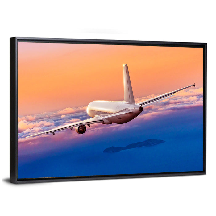 Airplane Over Clouds at Sunset Wall Art as a framed canvas