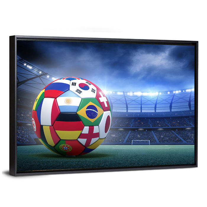 Soccer Ball on Stadium Pitch Wall Art as a framed canvas