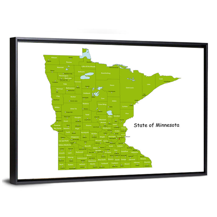 Green Minnesota County Map Wall Art as a framed canvas