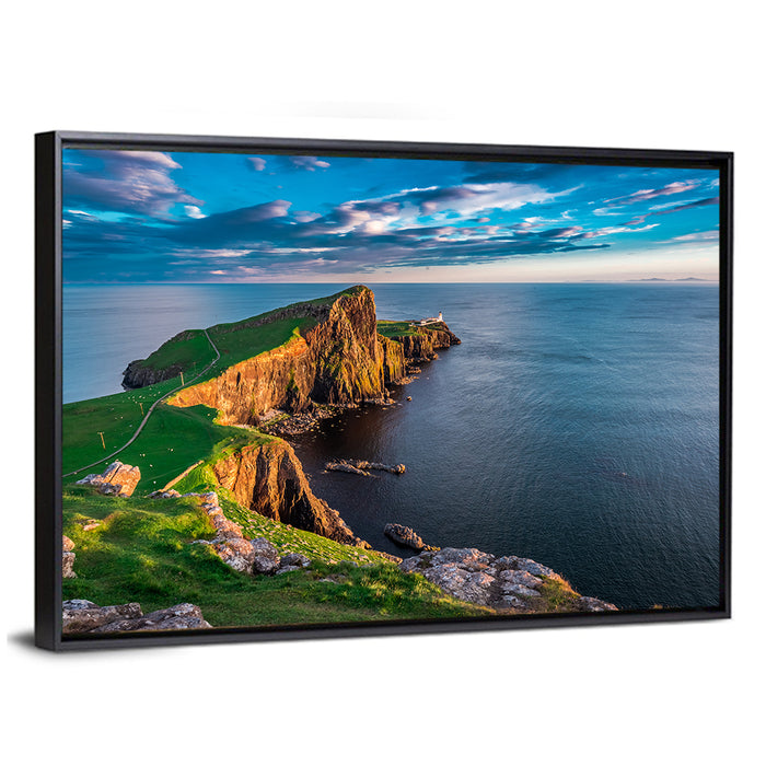 Neist Point Lighthouse at Golden Hour Wall Art as a framed canvas
