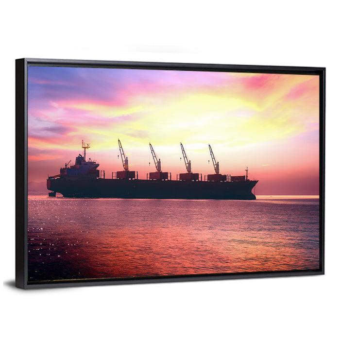 Sunset Cargo Ship Silhouette Wall Art as a framed canvas