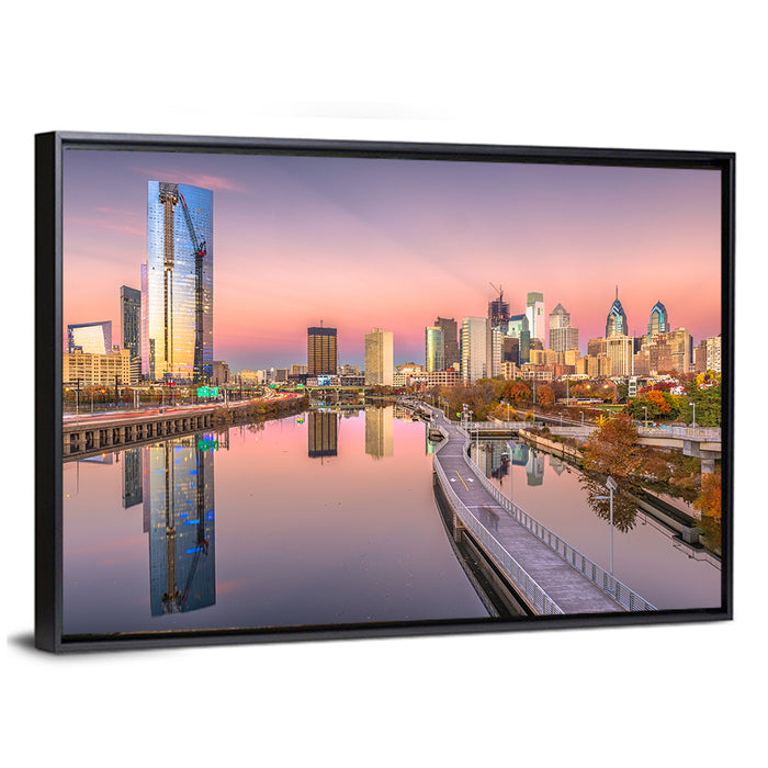 Philadelphia Skyline at Twilight Wall Art as a framed canvas
