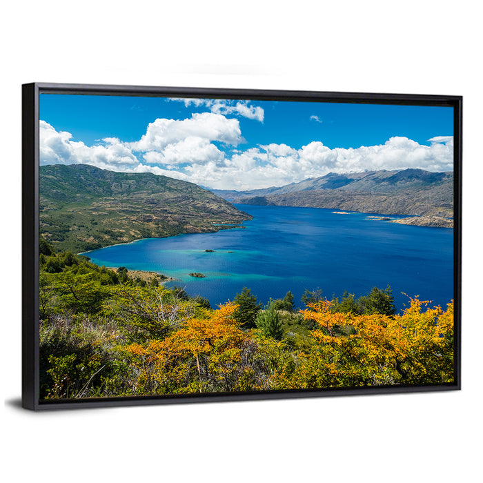 Lake Cochrane Autumn Shore Wall Art as a framed canvas
