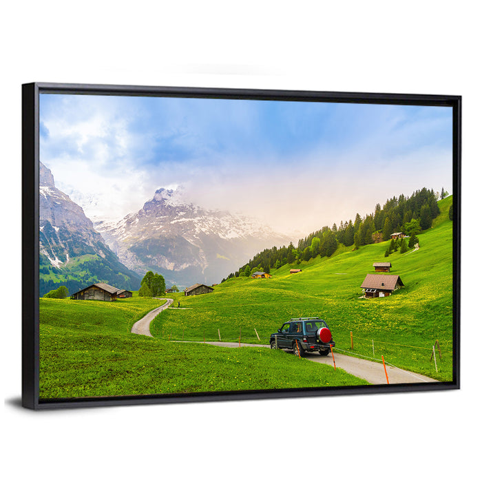 Grindelwald Alpine Village Road Wall Art as a framed canvas