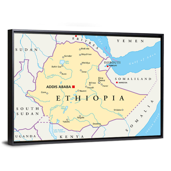 Ethiopia Political Map Wall Art as a framed canvas