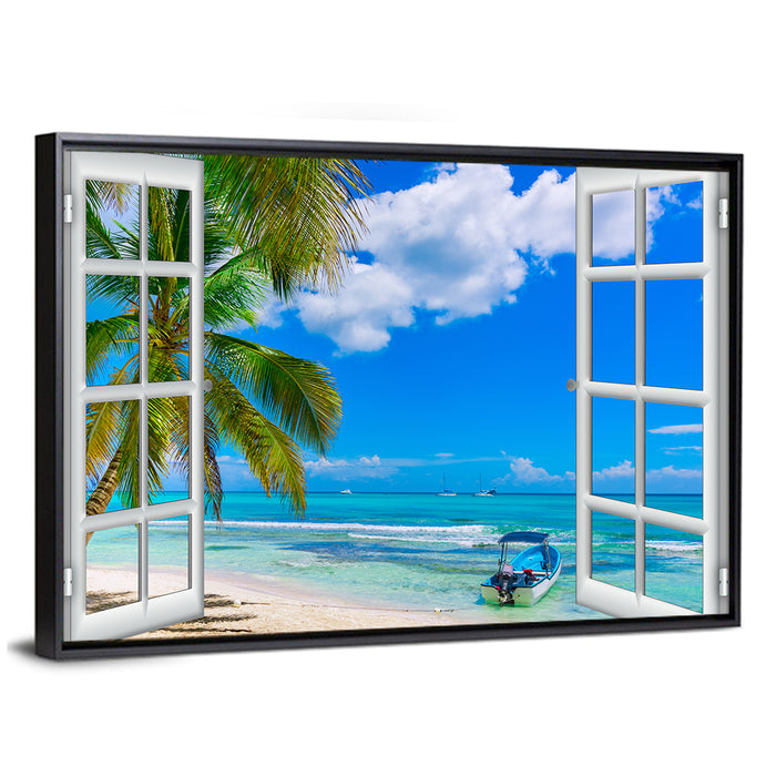 Tropical Ocean View Through Window Wall Art as a framed canvas