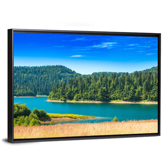Lokvarsko Lake Turquoise Shoreline Wall Art as a framed canvas