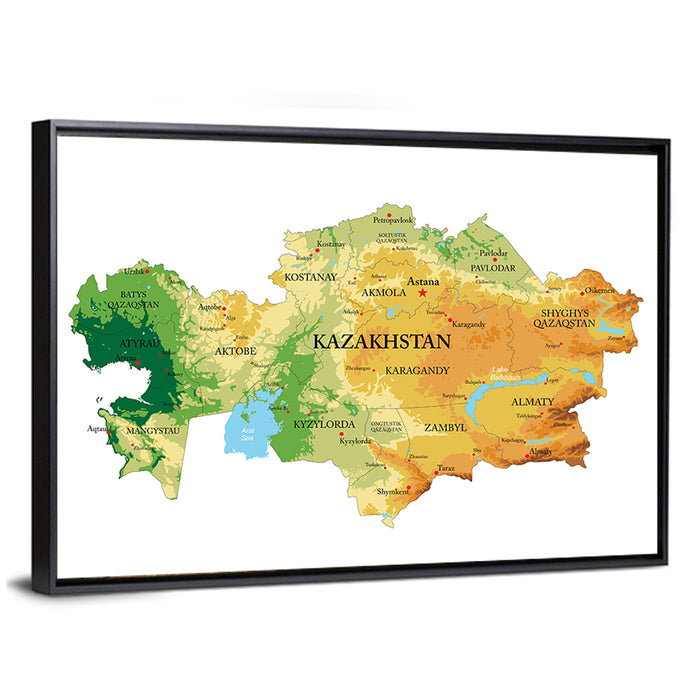 Kazakhstan Relief Map, Color-coded Terrain Wall Art as a framed canvas