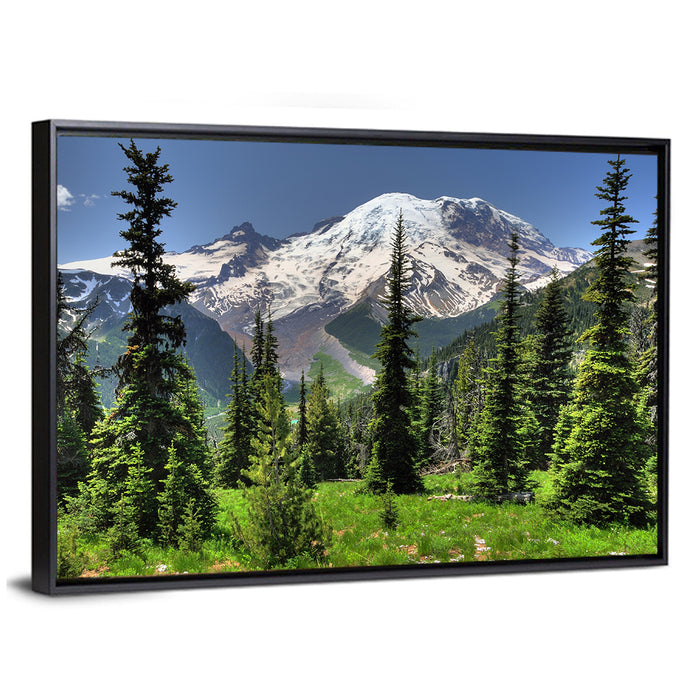 Mount Rainier Framed by Pine Trees Wall Art as a framed canvas