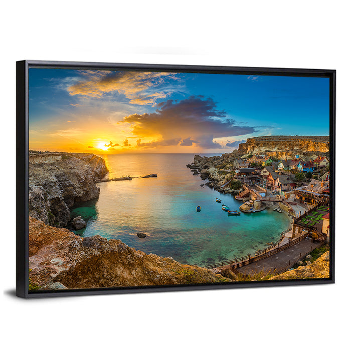 Popeye Village Sunset, Anchor Bay Malta Wall Art as a framed canvas