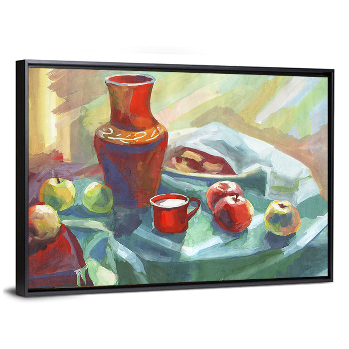Vase, Apples and Red Cup Still Life Wall Art as a framed canvas