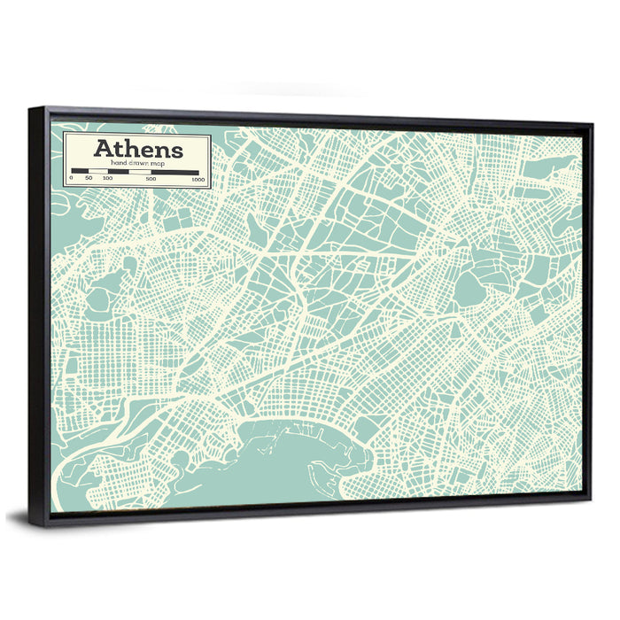 Athens Coastal Map Wall Art as a framed canvas