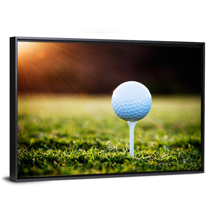 Golf Ball on Tee at Sunset Wall Art as a framed canvas