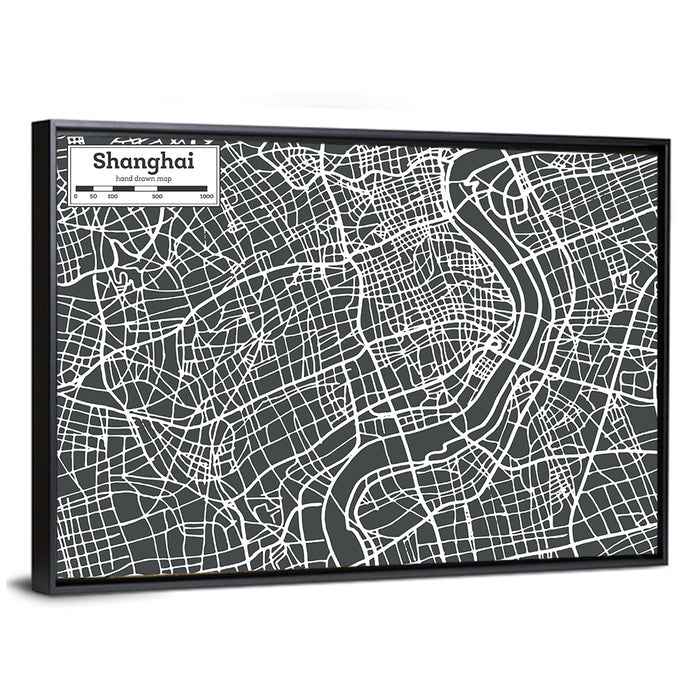 Shanghai Street Grid Map Wall Art as a framed canvas
