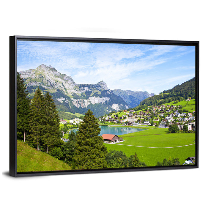 Lungern Lake Village Wall Art as a framed canvas