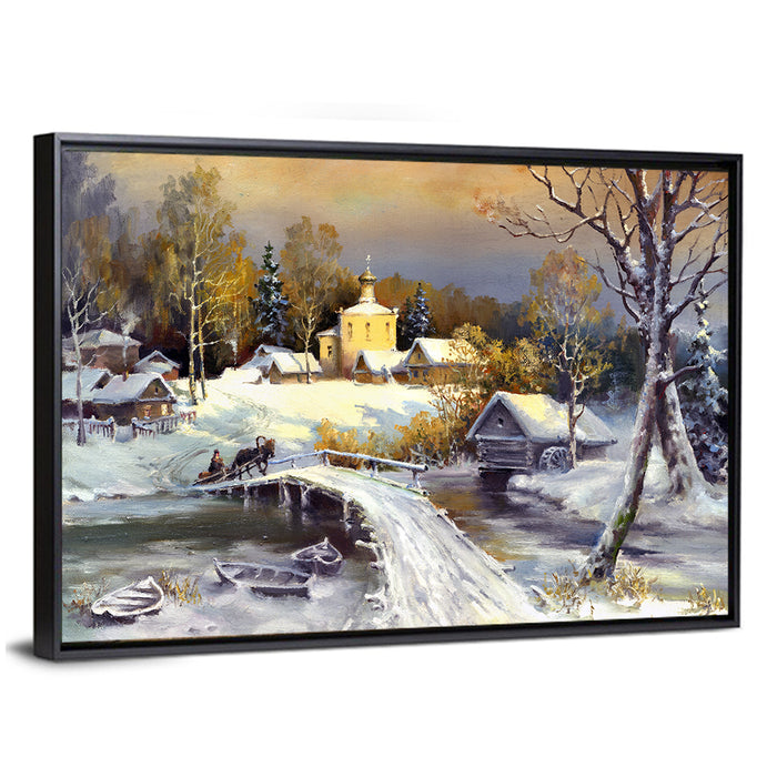 Snowy Village Bridge Wall Art as a framed canvas