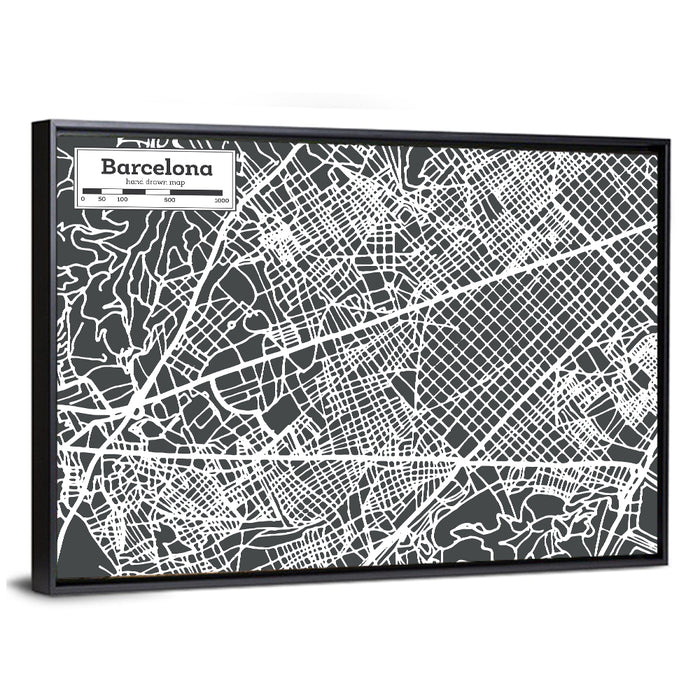 Barcelona Street Grid Map Wall Art as a framed canvas
