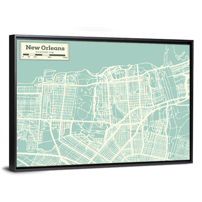 New Orleans Street Grid Map Wall Art as a framed canvas