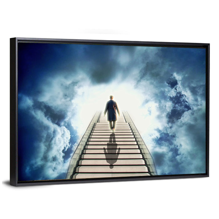 Man Ascending Toward Light Wall Art as a framed canvas