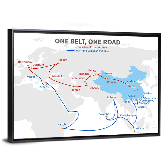 Modern Silk Road Map Wall Art as a framed canvas