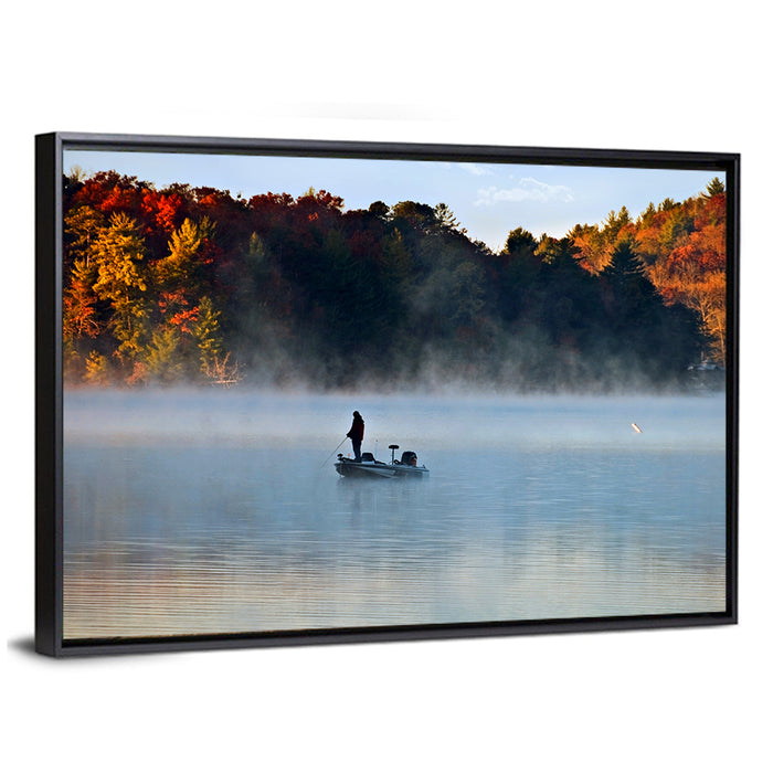 Misty Lake Fisherman Silhouette Wall Art as a framed canvas