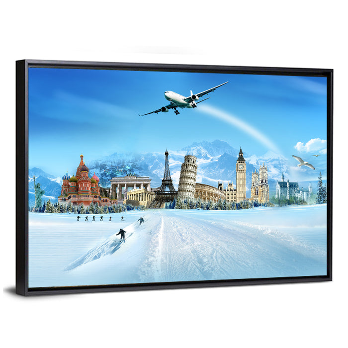 Global Landmarks Collage Wall Art as a framed canvas