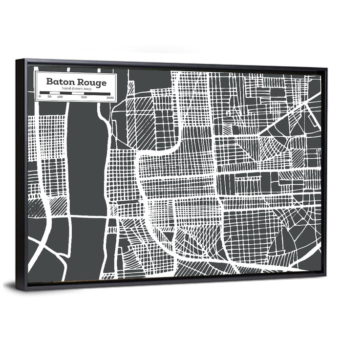 Baton Rouge Street Grid Map Wall Art as a framed canvas