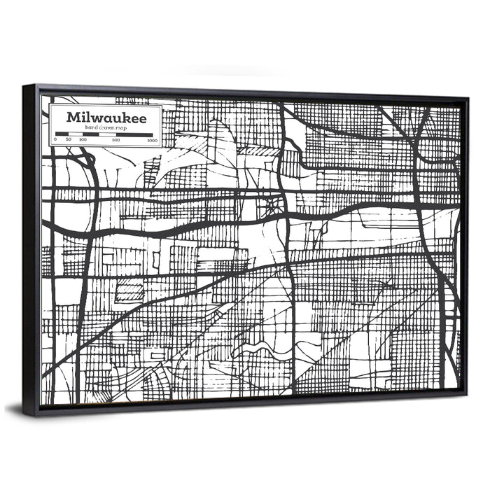 Hand-drawn Milwaukee City Map Wall Art as a framed canvas