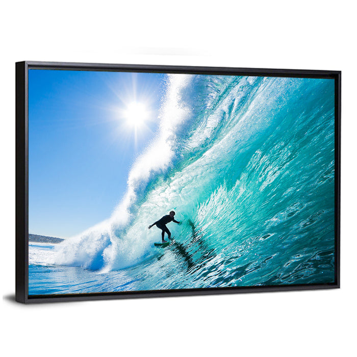 Sunlit Blue Wave with Surfer Wall Art as a framed canvas