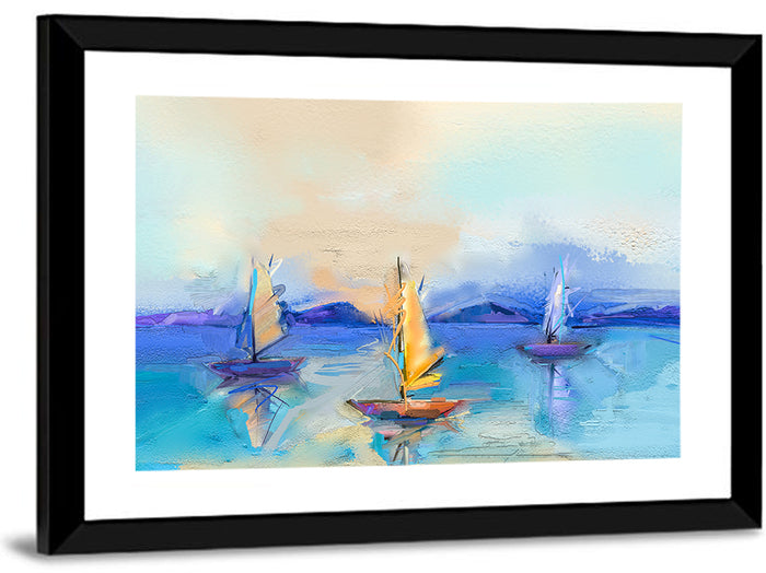 Three Sailboats at Sunset Wall Art as a framed print