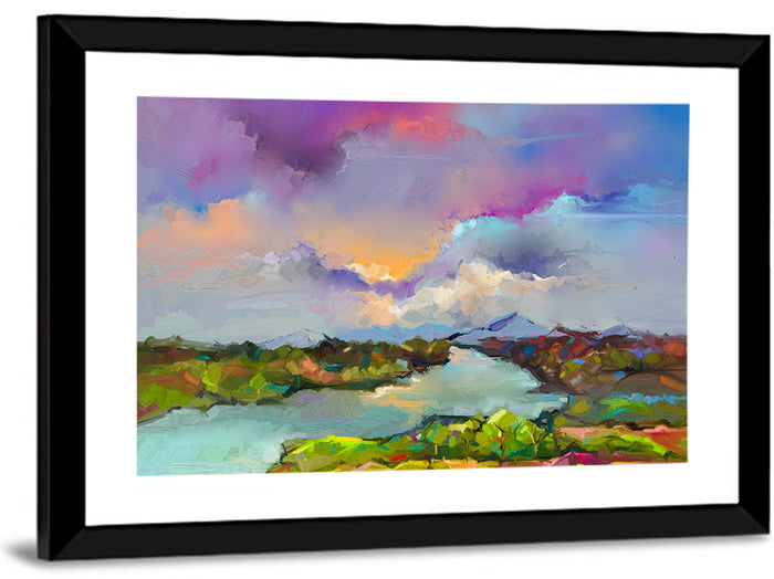 Sunset River and Meadow Abstraction Wall Art as a framed print