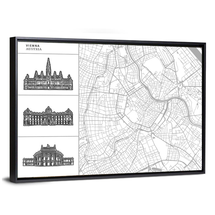 Vienna Map with Landmark Silhouettes Wall Art as a framed canvas