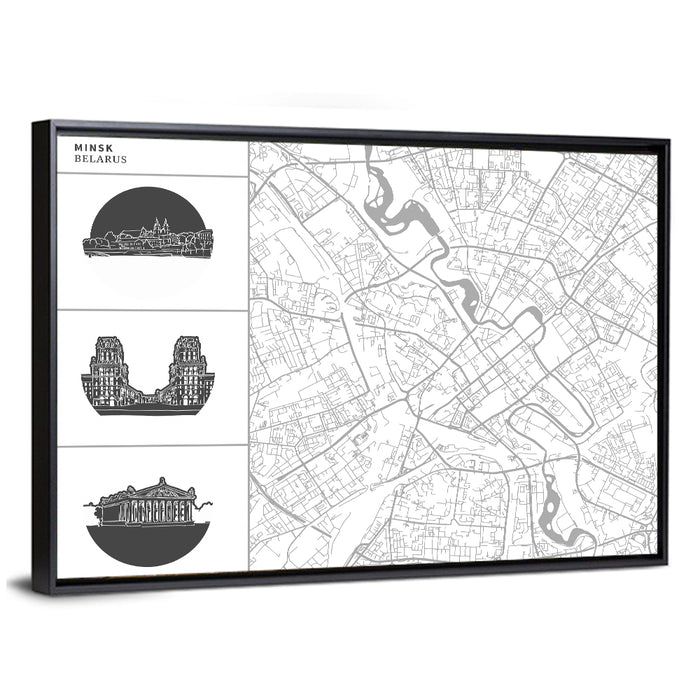 Minsk Map with Architectural Vignettes Wall Art as a framed canvas