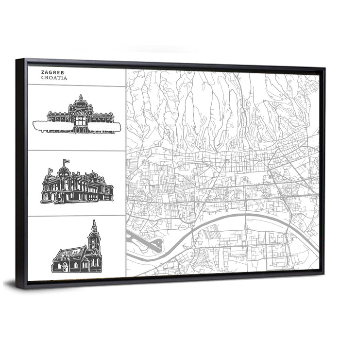 Zagreb Architectural Map Wall Art as a framed canvas