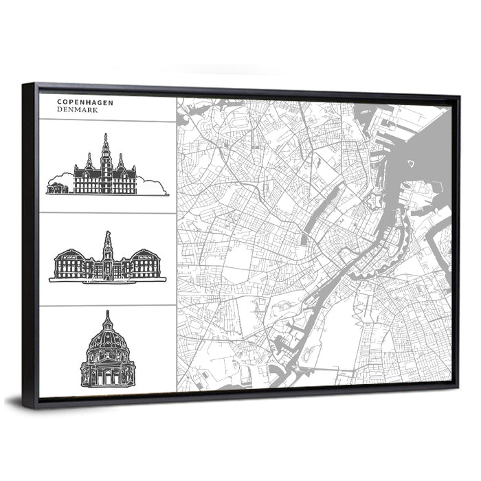 Copenhagen Map with Architectural Silhouettes Wall Art as a framed canvas