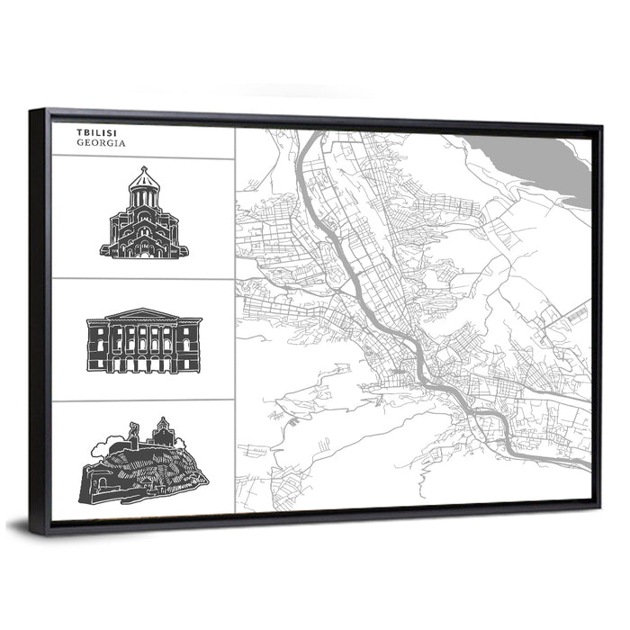 Tbilisi Map with Architectural Sidebar Wall Art as a framed canvas