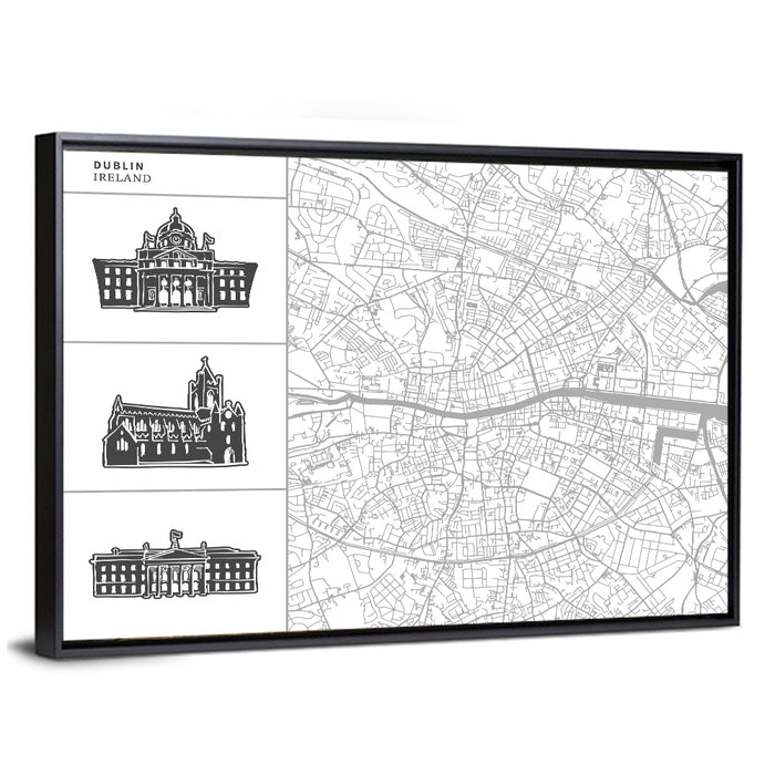 Dublin Map with Architectural Silhouettes Wall Art as a framed canvas
