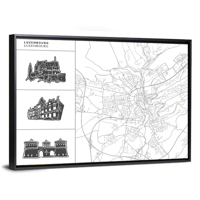 Luxembourg City Map with Landmark Sketches Wall Art as a framed canvas
