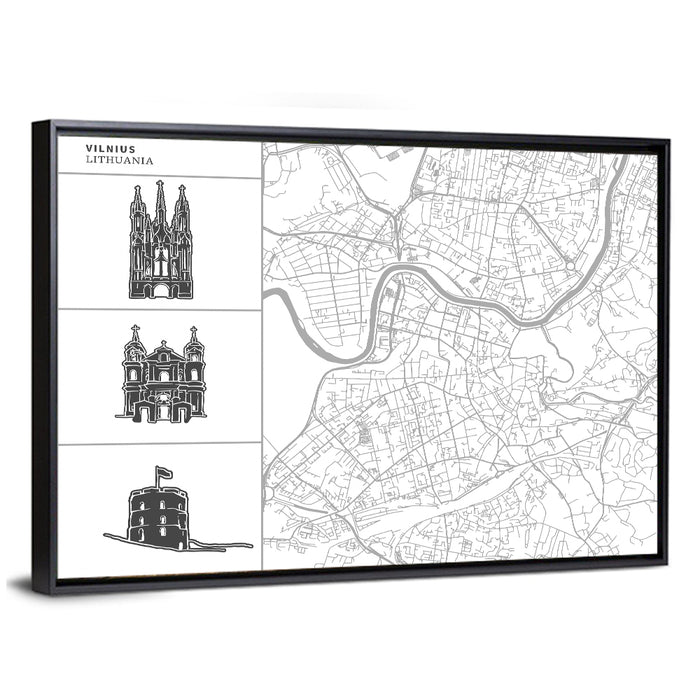 Vilnius Map with Architectural Sketches Wall Art as a framed canvas