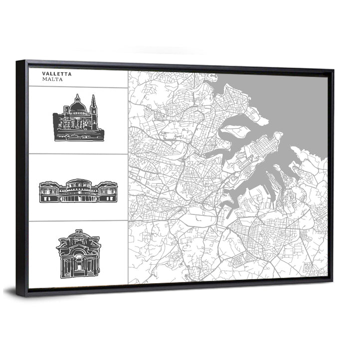 Valletta Street Map with Landmarks Wall Art as a framed canvas