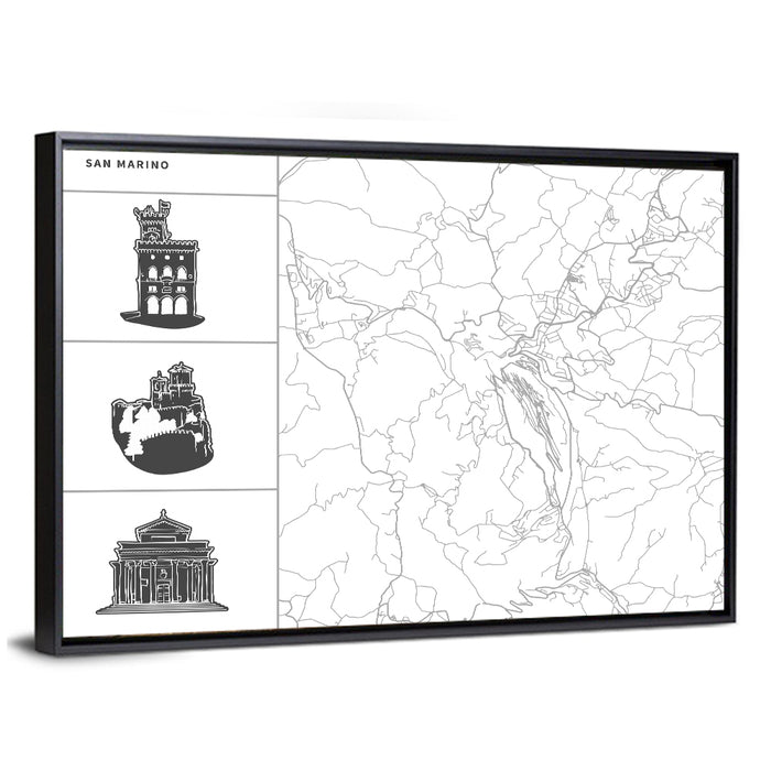 San Marino Map with Three Towers Wall Art as a framed canvas