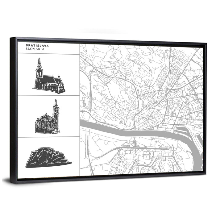 Bratislava Map with Castle and Cathedral Silhouettes Wall Art as a framed canvas