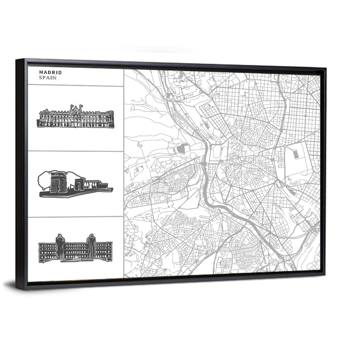 Madrid Map with Architectural Sidebar Wall Art as a framed canvas