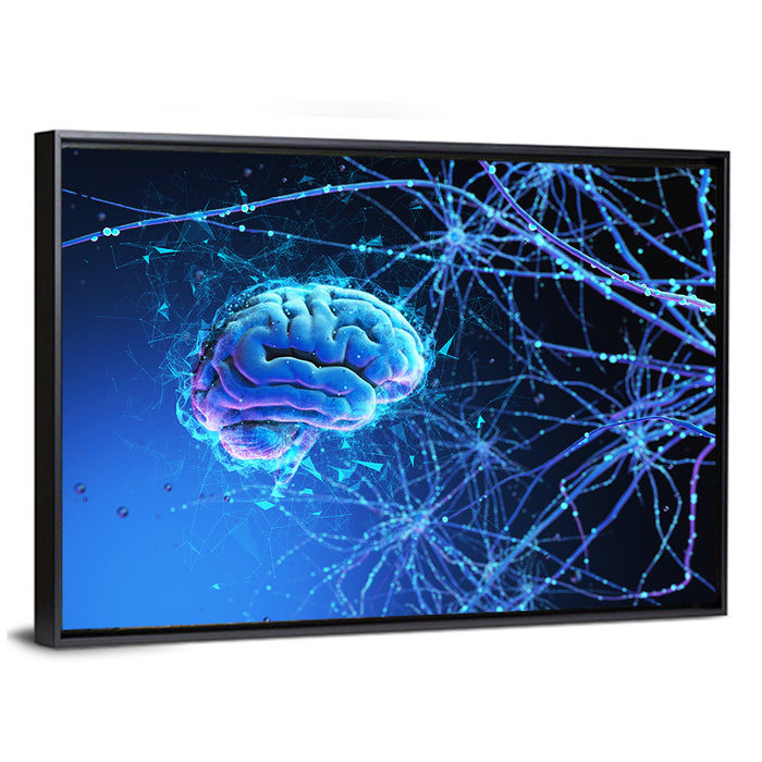 Blue 3d Neural Brain Wall Art as a framed canvas