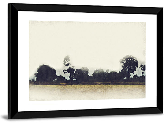 Faded Field with Silhouetted Trees Wall Art as a framed print