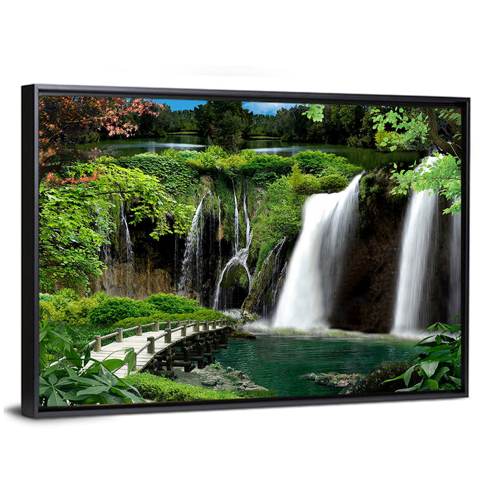 Wooden Bridge and Forest Waterfall Wall Art as a framed canvas