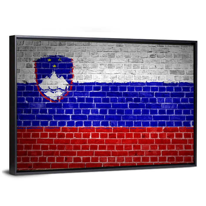 Slovenia Flag on Weathered Brick Wall Art as a framed canvas