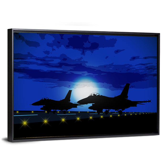 Moonlit Fighter Jets on Runway Wall Art as a framed canvas