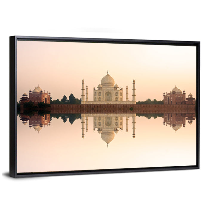 Taj Mahal Sunset Reflection Wall Art as a framed canvas