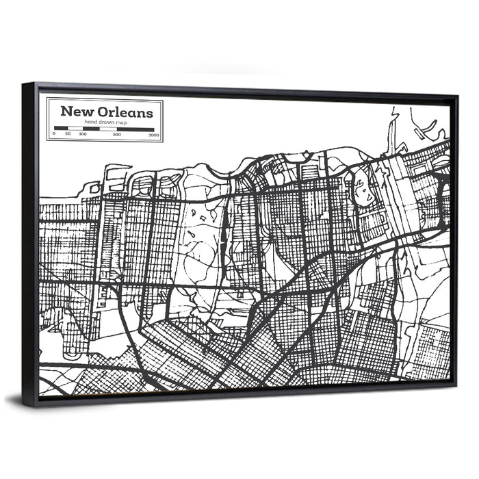 New Orleans Hand-drawn Map Wall Art as a framed canvas